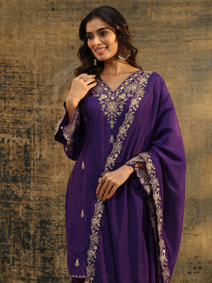 Libas Aubergine Purple Floral Embroidered Chanderi Cotton Palazzo Suit Set