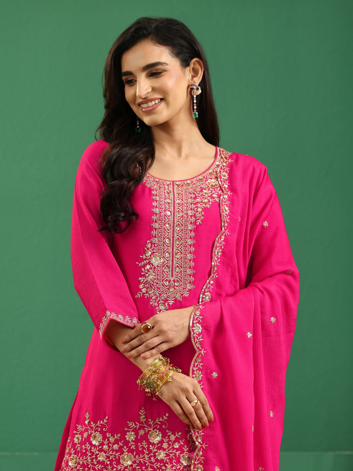 Libas Fuchsia Pink Floral Embellished Chinon Palazzo Suit Set