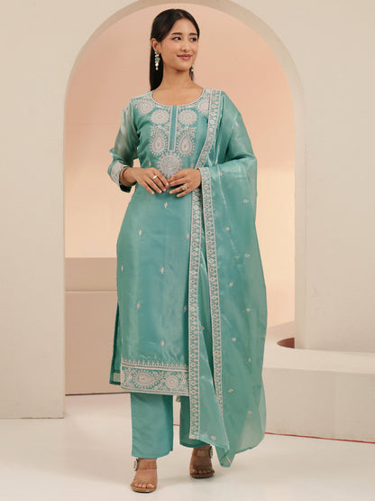 Libas Arctic Blue Embroidered Tissue Straight Suit Set