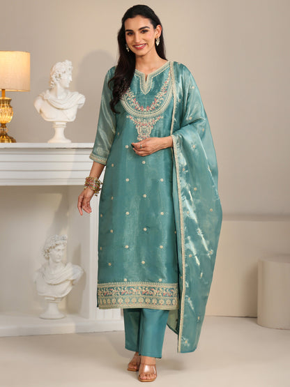 Libas Aqua Blue Ethnic Embroidered Tissue Straight  Suit Set