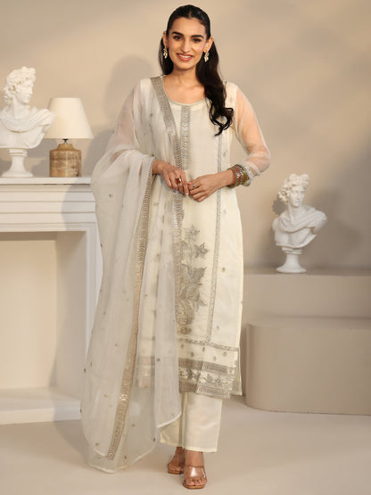 Libas Off White Floral Embellished Organza Straight Suit Set
