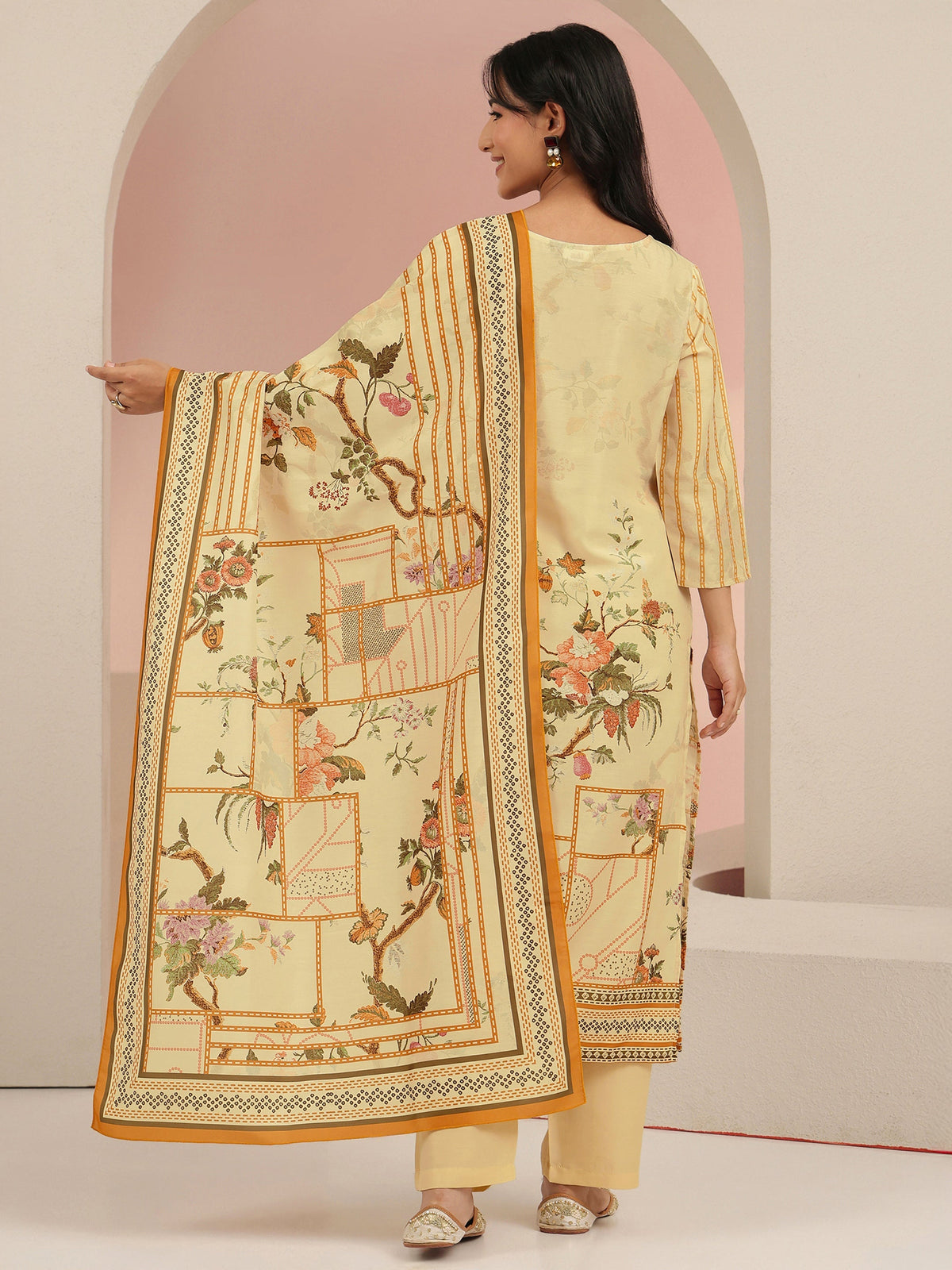Libas Beige Floral Print Silk Blend Straight Suit Set