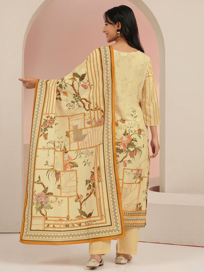 Libas Beige Floral Print Silk Blend Straight Suit Set