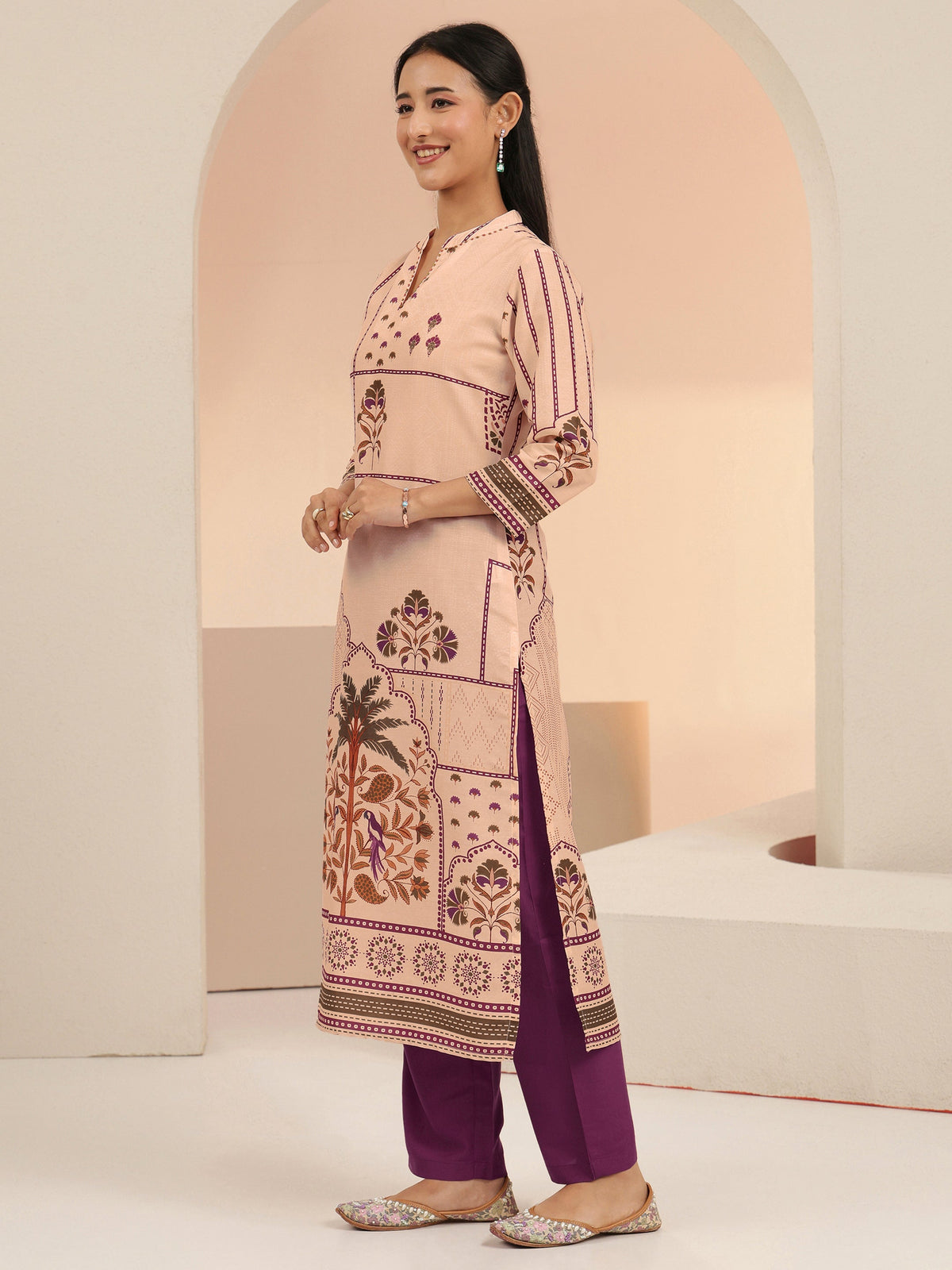 Libas Beige Mughal Floral Printed Silk Blend Straight Suit Set