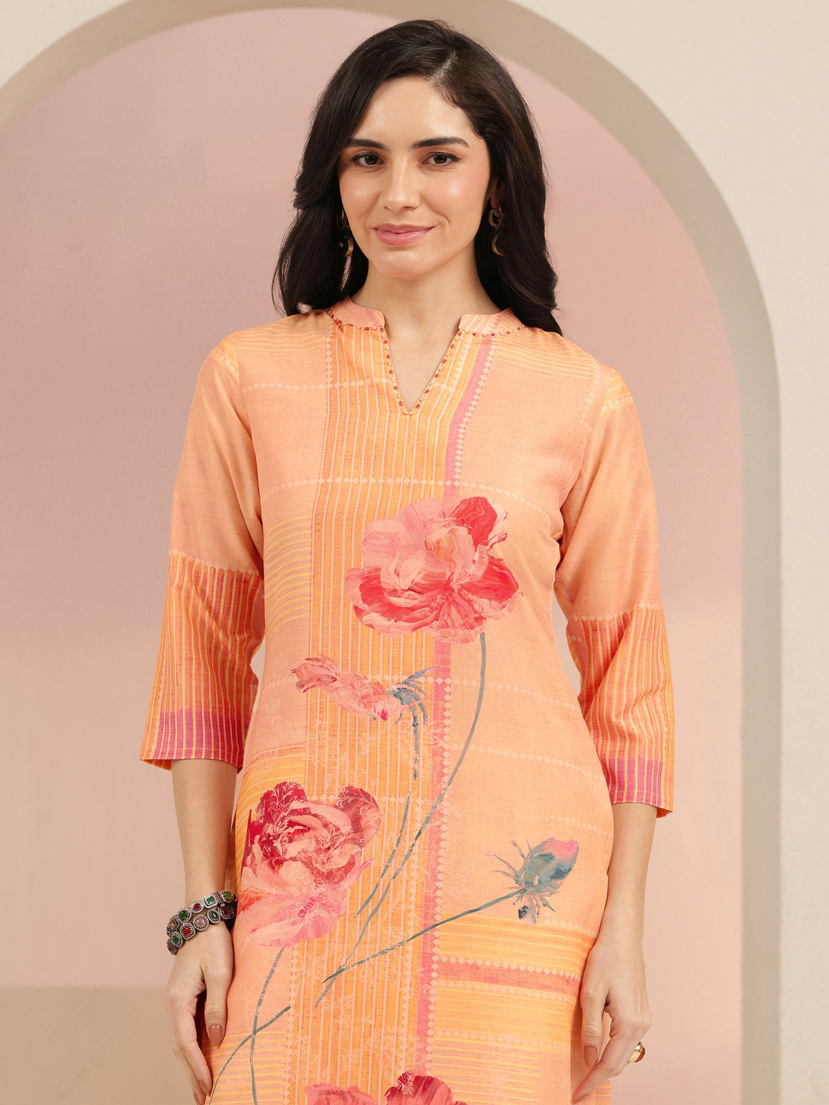 Libas Peach Floral Printed Silk Blend Straight Suit Set