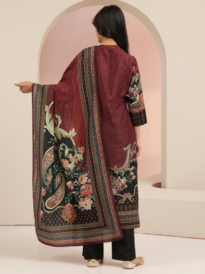 Libas Maroon Ethnic Print Silk Blend Straight Suit Set