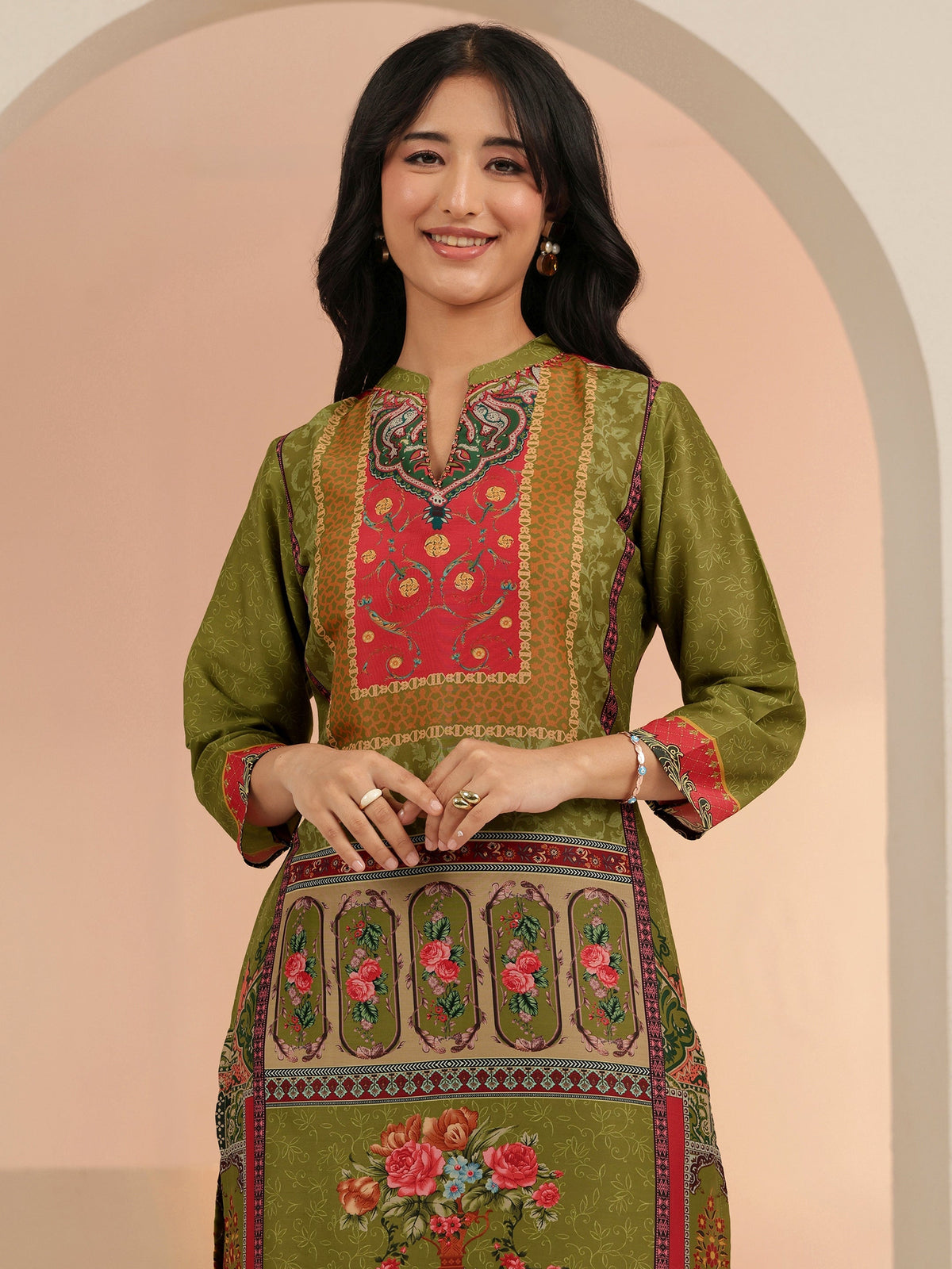 Libas Green Floral Printed Silk Blend Straight Suit Set