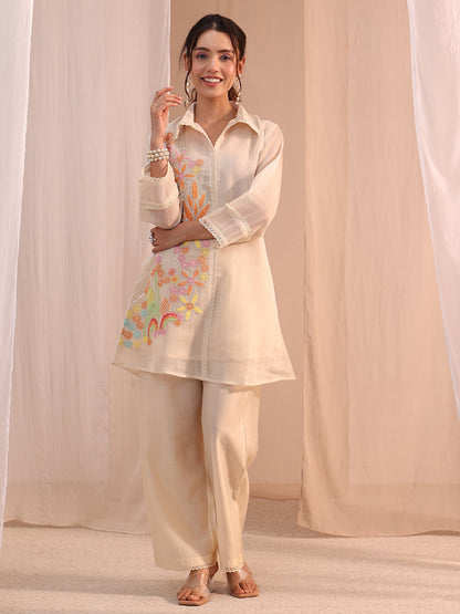 Libas Off White Floral Embroidered Chanderi Cotton Co-Ord Set