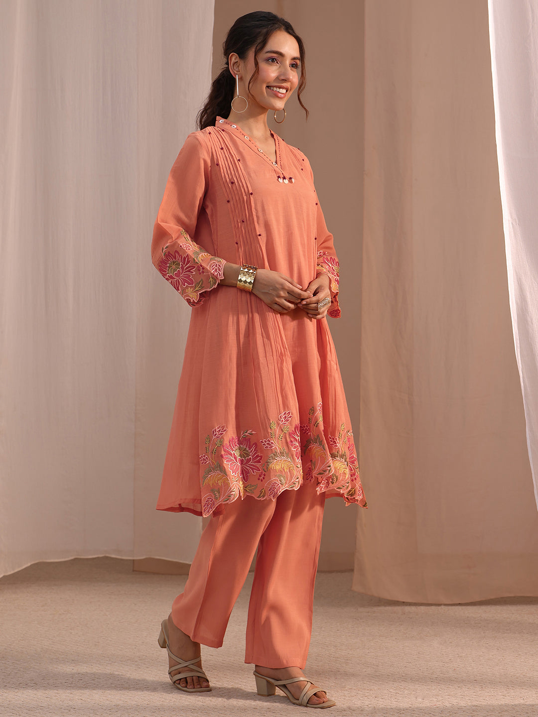 Libas Peach Floral Embroidered Chanderi Cotton Co-Ord Set