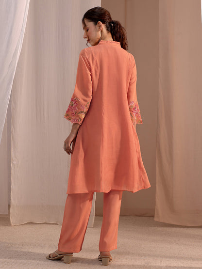 Libas Peach Floral Embroidered Chanderi Cotton Co-Ord Set