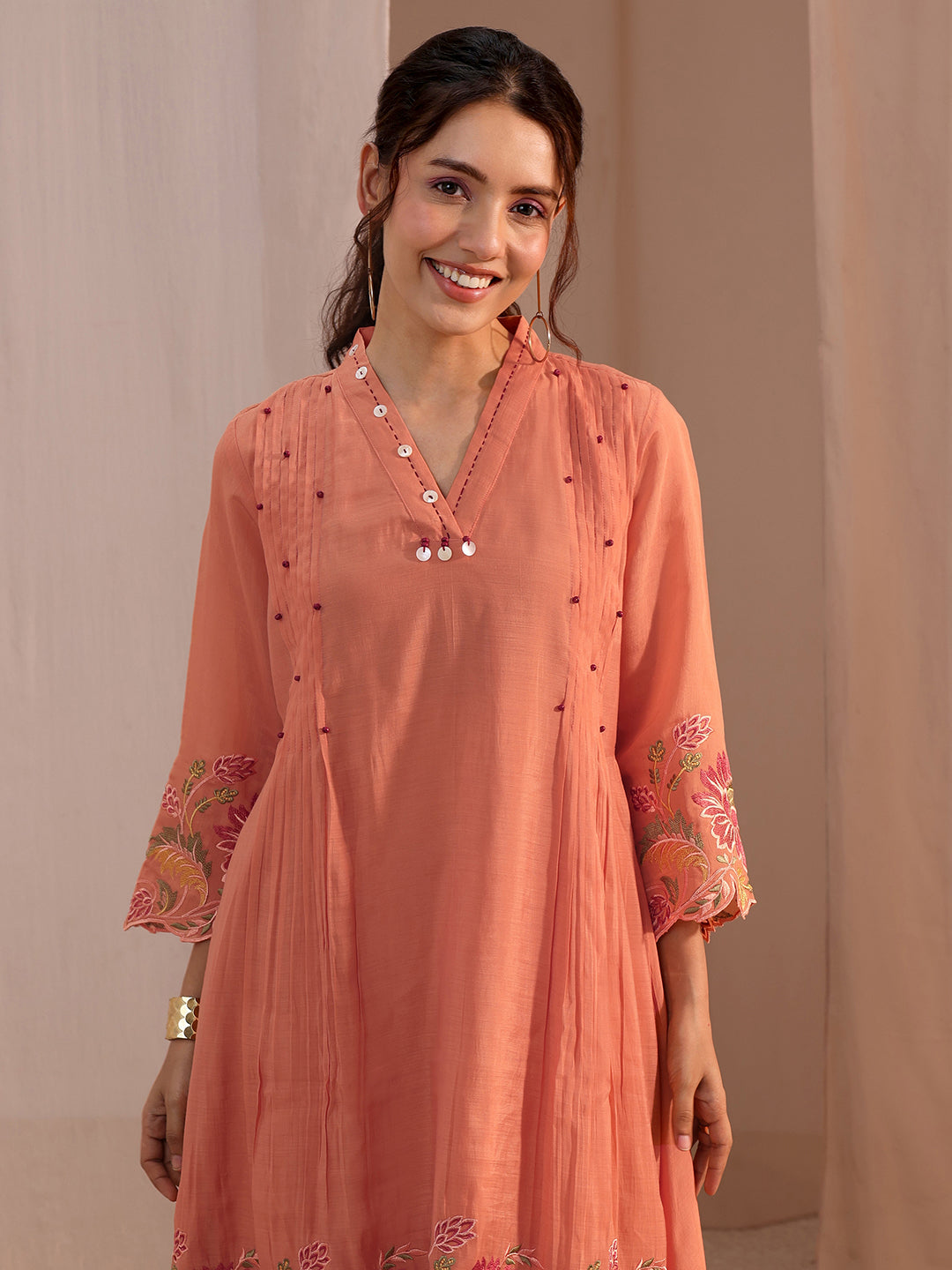 Libas Peach Floral Embroidered Chanderi Cotton Co-Ord Set