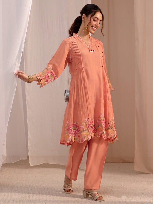 Libas Peach Floral Embroidered Chanderi Cotton Co-Ord Set