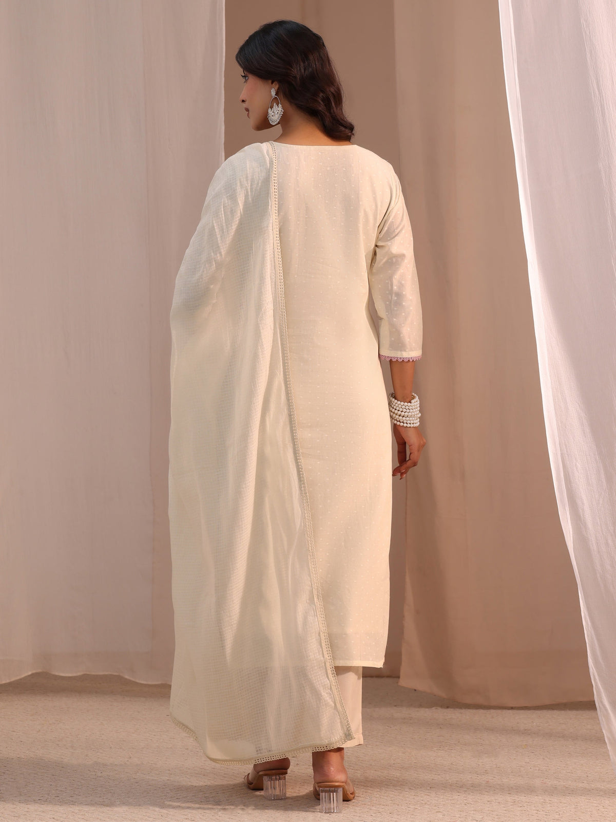 Libas Off White Embroidered Cotton Blend Straight Suit Set