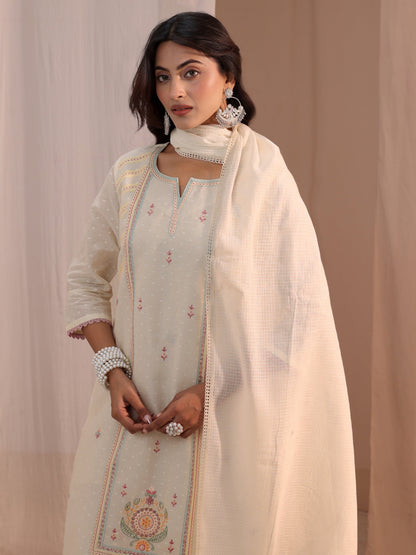 Libas Off White Embroidered Cotton Blend Straight Suit Set