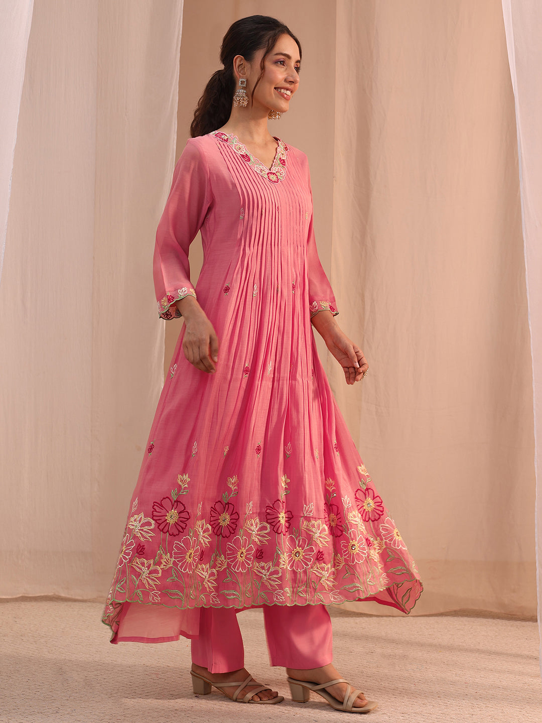 Libas Pink Floral Embroidered Chanderi Cotton A-Line Suit Set