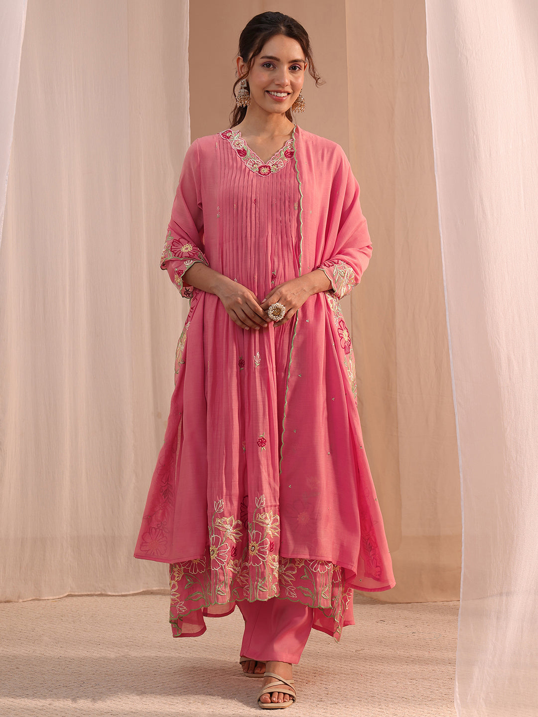 Libas Pink Floral Embroidered Chanderi Cotton A-Line Suit Set