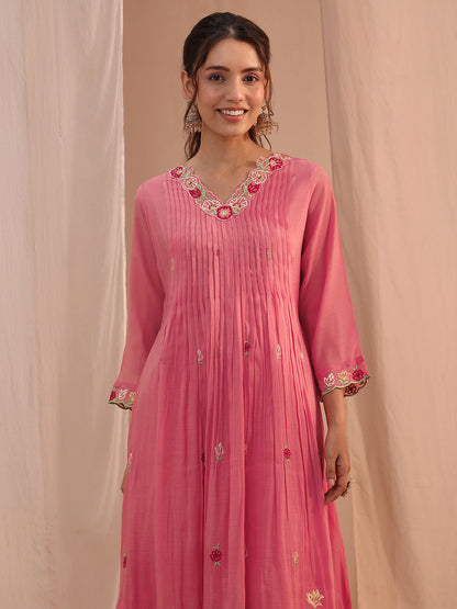 Libas Pink Floral Embroidered Chanderi Cotton A-Line Suit Set