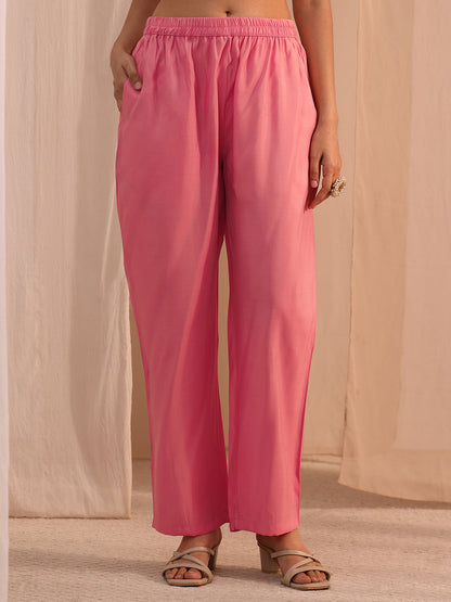 Libas Pink Floral Embroidered Chanderi Cotton A-Line Suit Set
