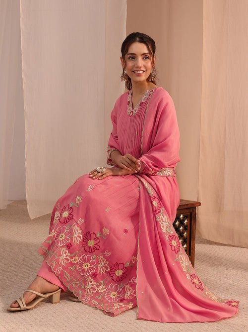 Libas Pink Floral Embroidered Chanderi Cotton A-Line Suit Set