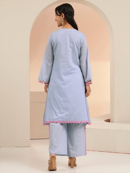 Libas Periwinkle Blue Floral Embroidered Cotton A-Line Kurta Set
