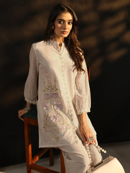 Libas Off white Floral Embroidered Cotton Straight Kurta Set