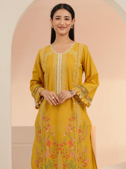 Libas Mustard Floral Embridered Cotton Straight Suit Set