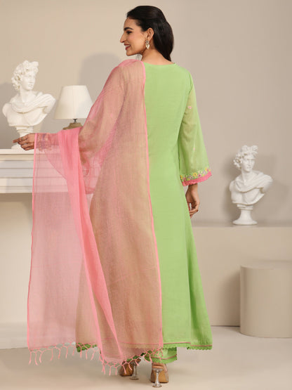 Libas Pista Green Floral Embroidered Cotton Anarkali Suit Set