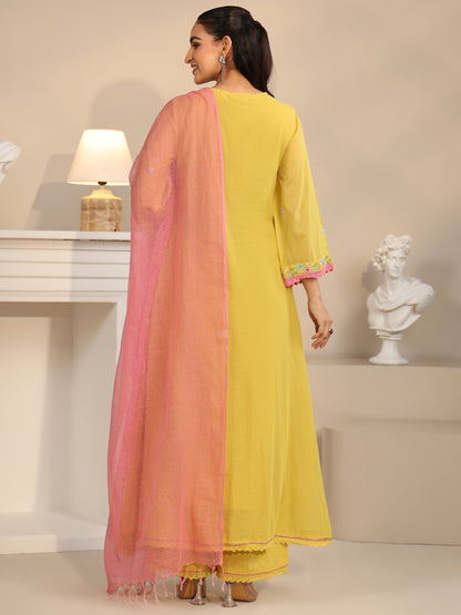 Libas Daffodil Yellow Floral Embroidered Cotton Anarkali Suit Set