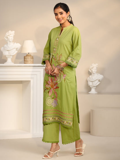 Libas Lime Green Floral Embroidered Cotton Straight Suit Set