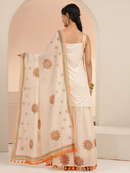 Libas Off White Printed Cotton Sharara Suit Set with Tassel Details