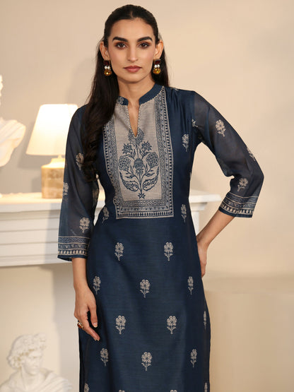 Libas Navy Blue Printed Yoke Chanderi Silk Straight Suit Set