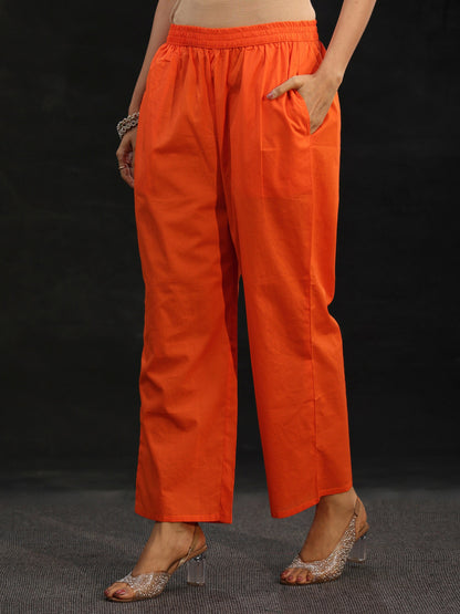 Libas Orange Floral Printed Cotton Blend Straight Suit Set