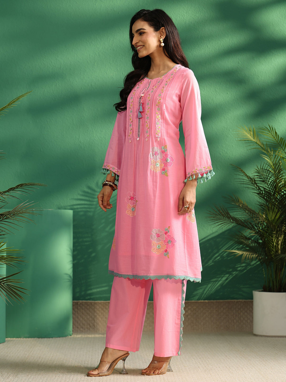 Libas Bubblegum Pink Floral Embroidered Co-Ord Set