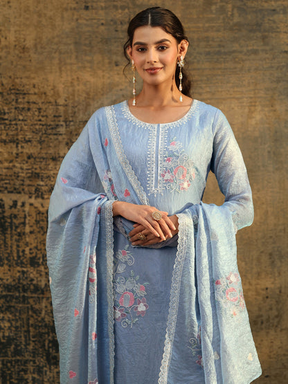 Libas Ice Blue Floral Embroidered Organza Straight Suit Set