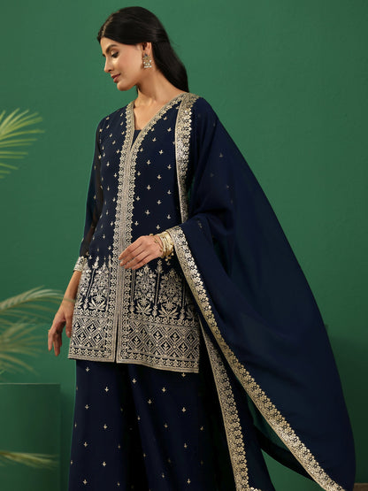 Libas Art Navy Blue Embellished Georgette Palazzo Suit Set