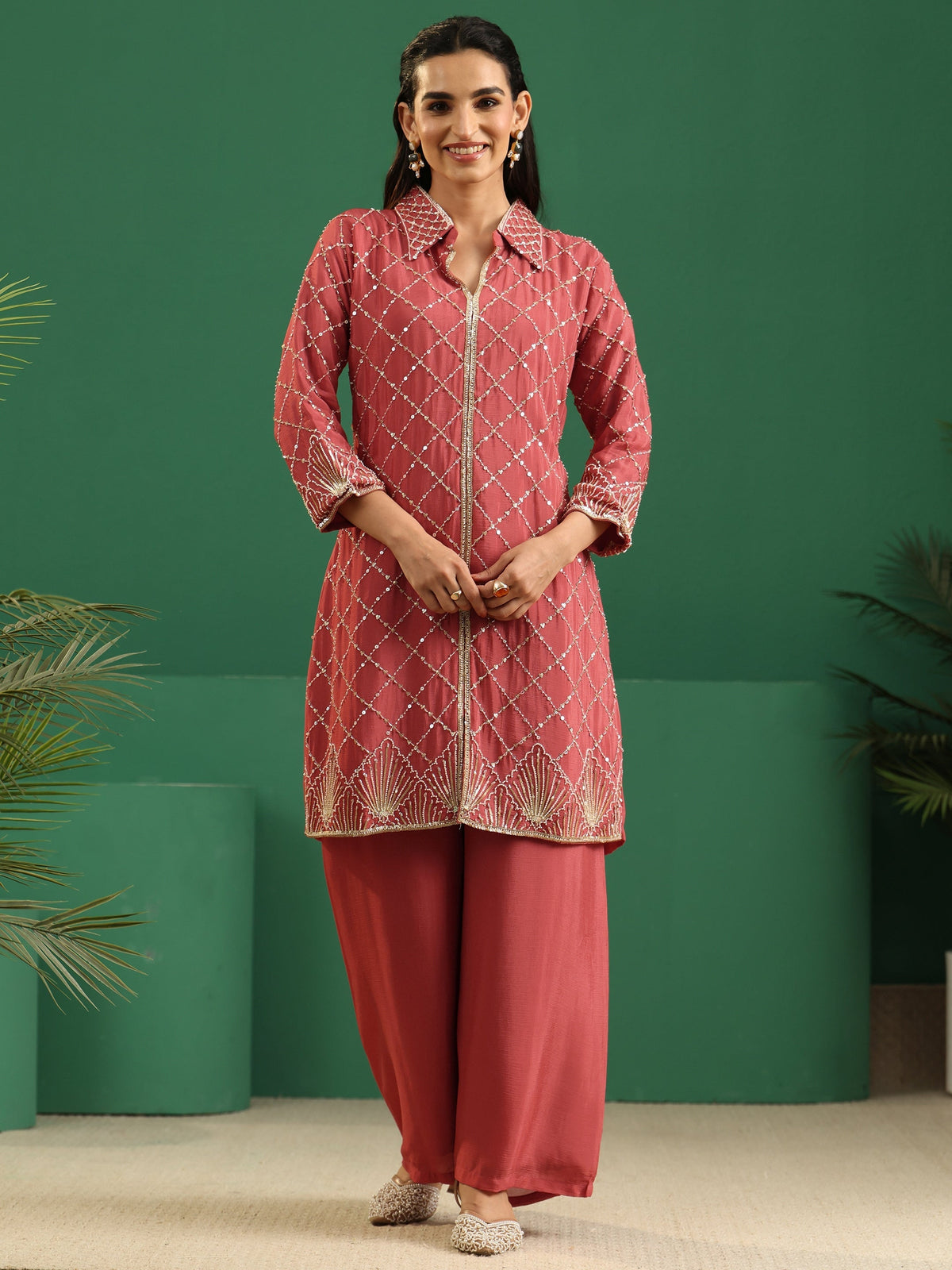 Libas Art Dusty Rose Pink Embellished Chinon Co-Ord Set