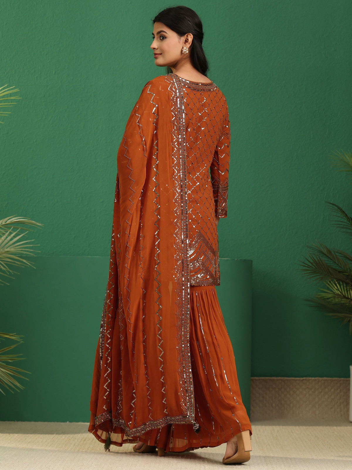 Libas Art Rust Brown Embellished Georgette Sharara Suit Set