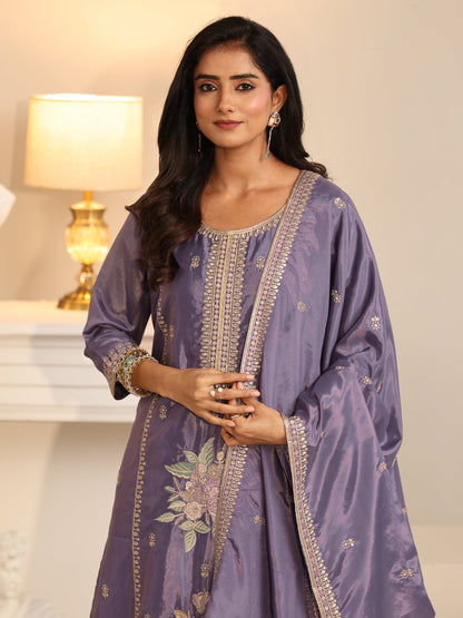 Libas Deep Lavender Floral Embroidered Organza Straight Suit Set