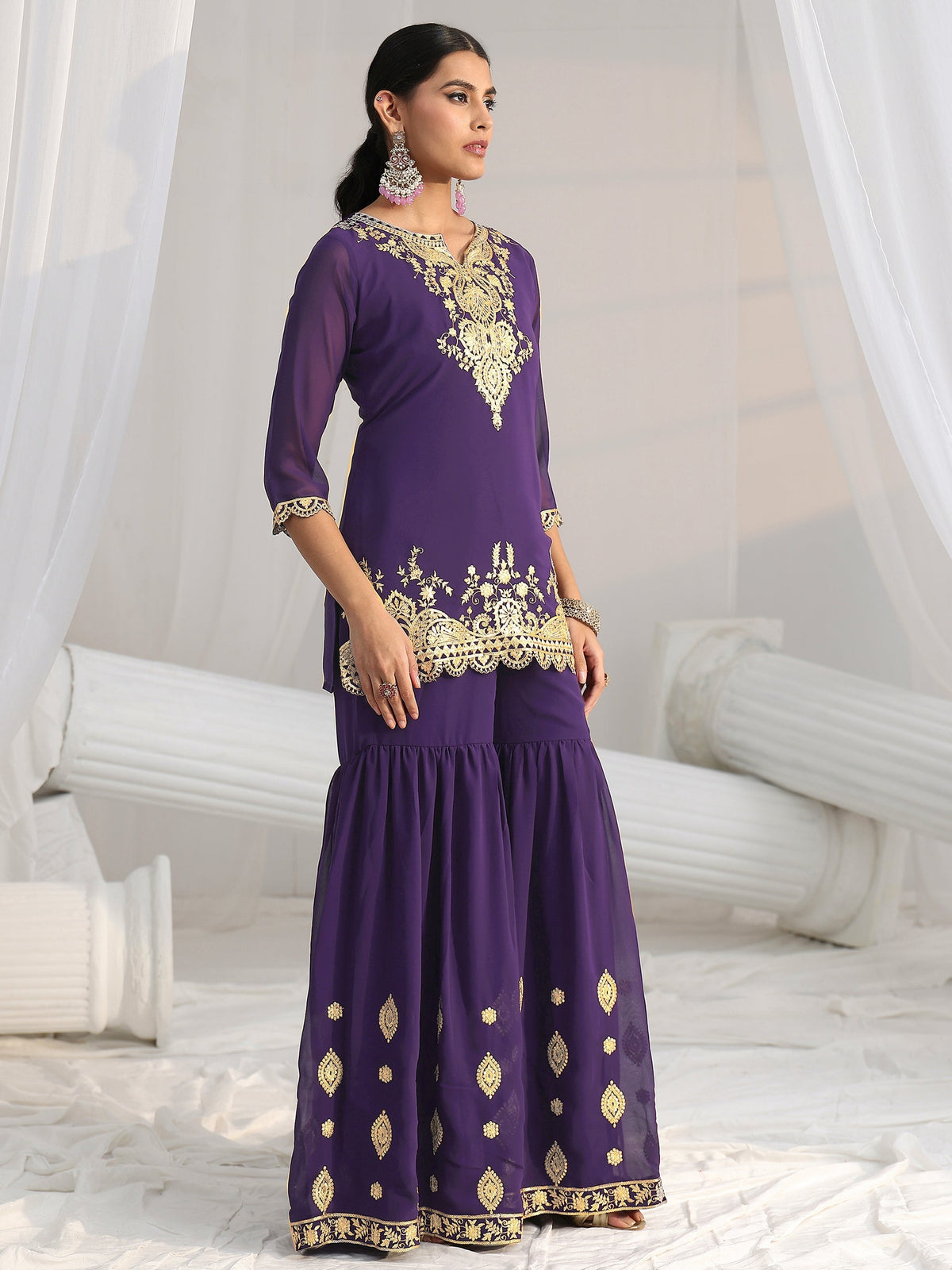 Libas Imperial Purple Ethnic Embroidered Sharara Suit Set