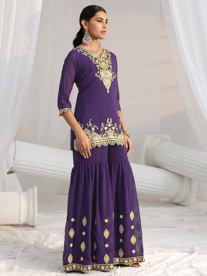 Libas Imperial Purple Ethnic Embroidered Sharara Suit Set