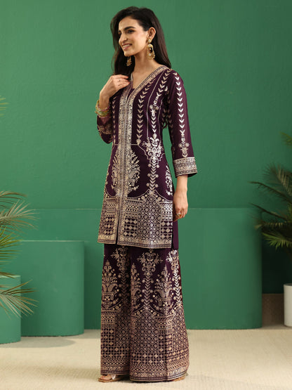 Libas Art Burgundy Embellished Georgette Palazzo Suit Set