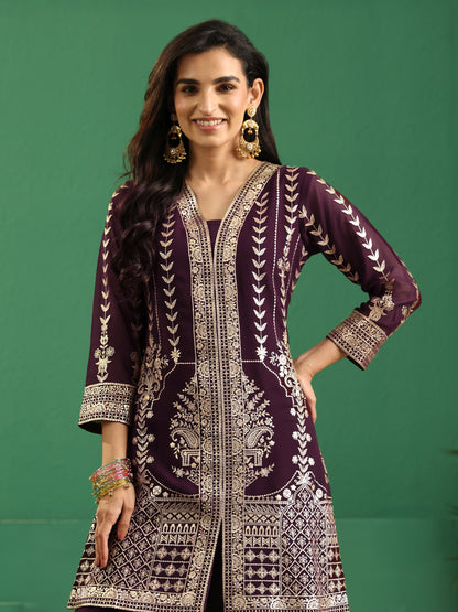 Libas Art Burgundy Embellished Georgette Palazzo Suit Set
