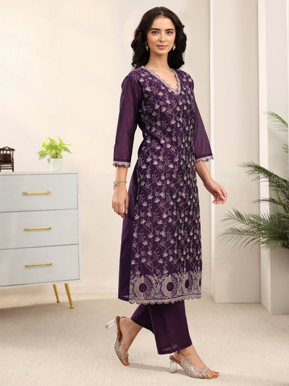 Libas Aubergine Purple Embroidered Chanderi Silk Straight Suit Set