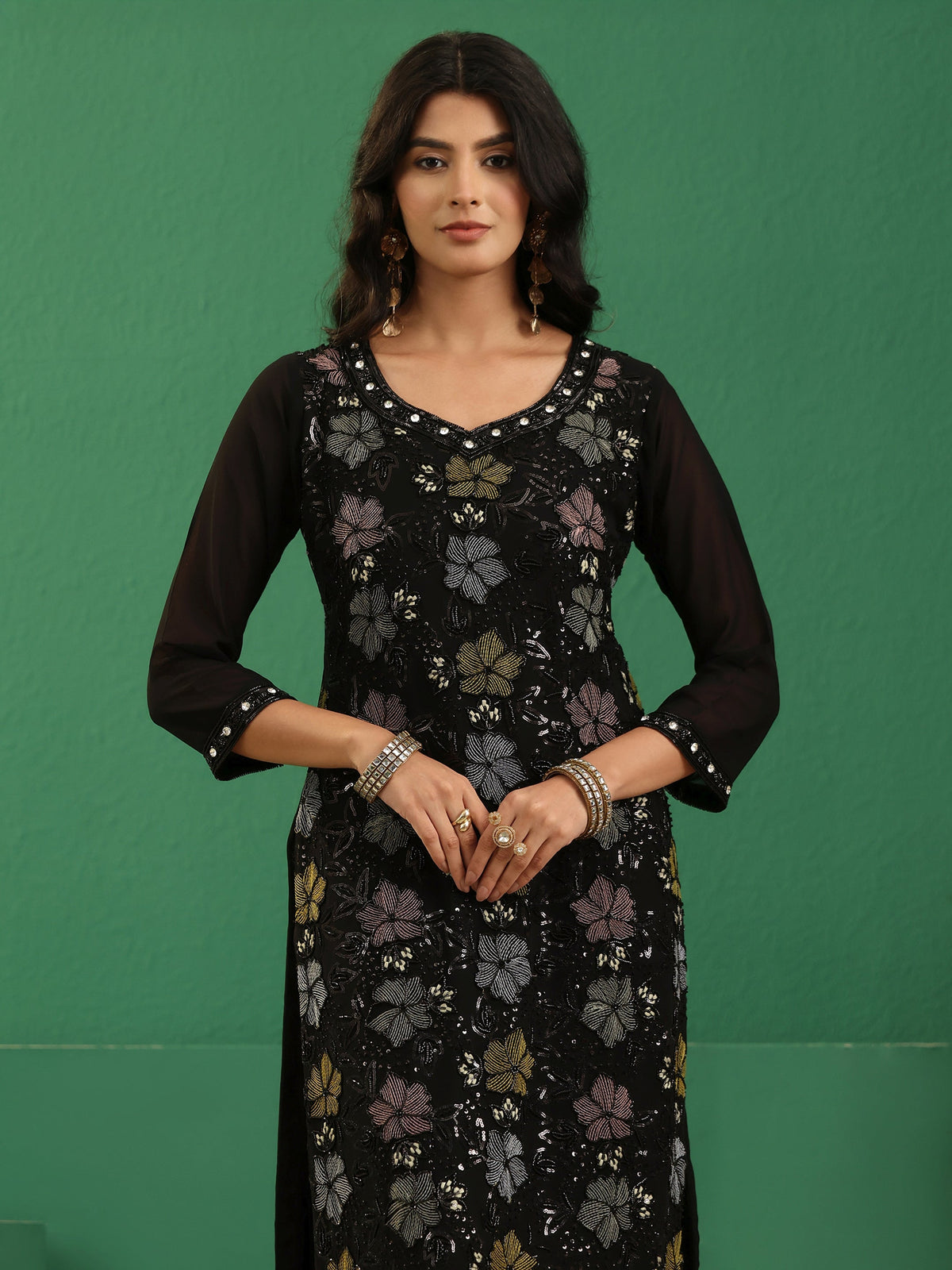 Libas Art Black Floral Embellished Georgette Straight Suit Set