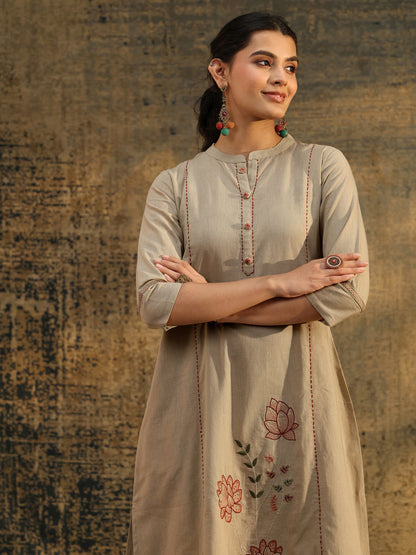 Libas Beige Floral Embroidered Cotton Co-Ord Set