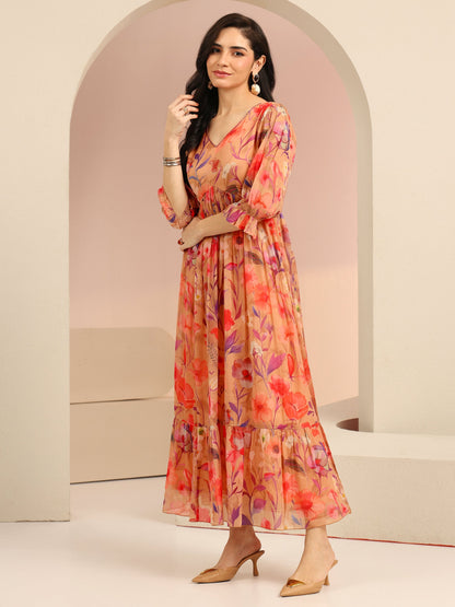 Libas Beige Floral Printed Chiffon Empire Dress