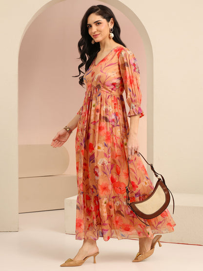 Libas Beige Floral Printed Chiffon Empire Dress
