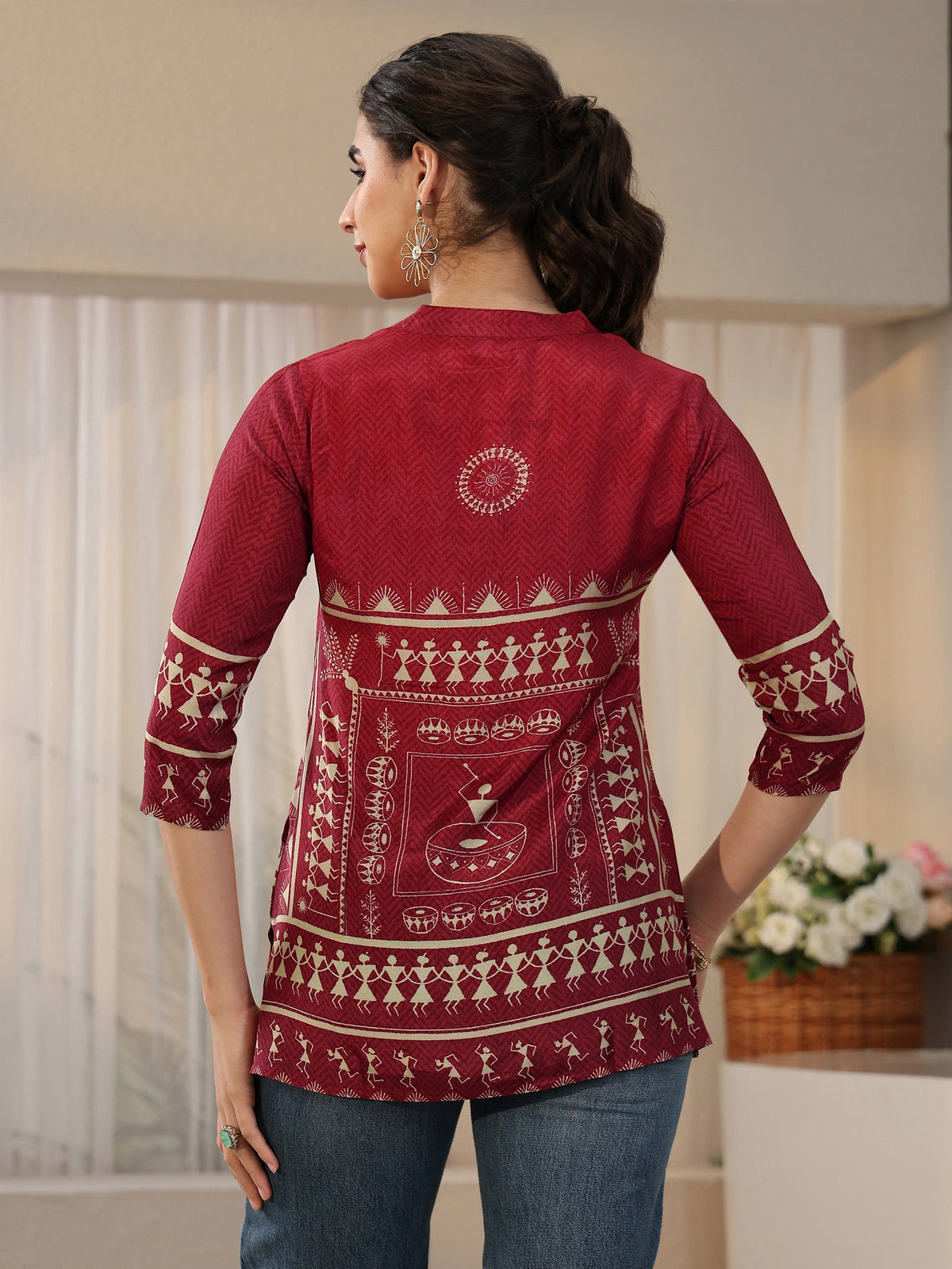 Libas Maroon Tribal Printed Straight Silk Blend Short Kurti