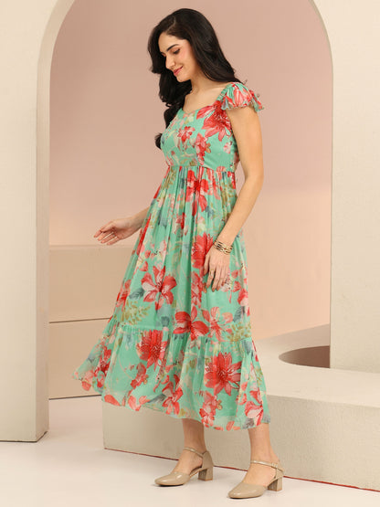 Libas Mint Green Floral Printed Chiffon A-Line Dress