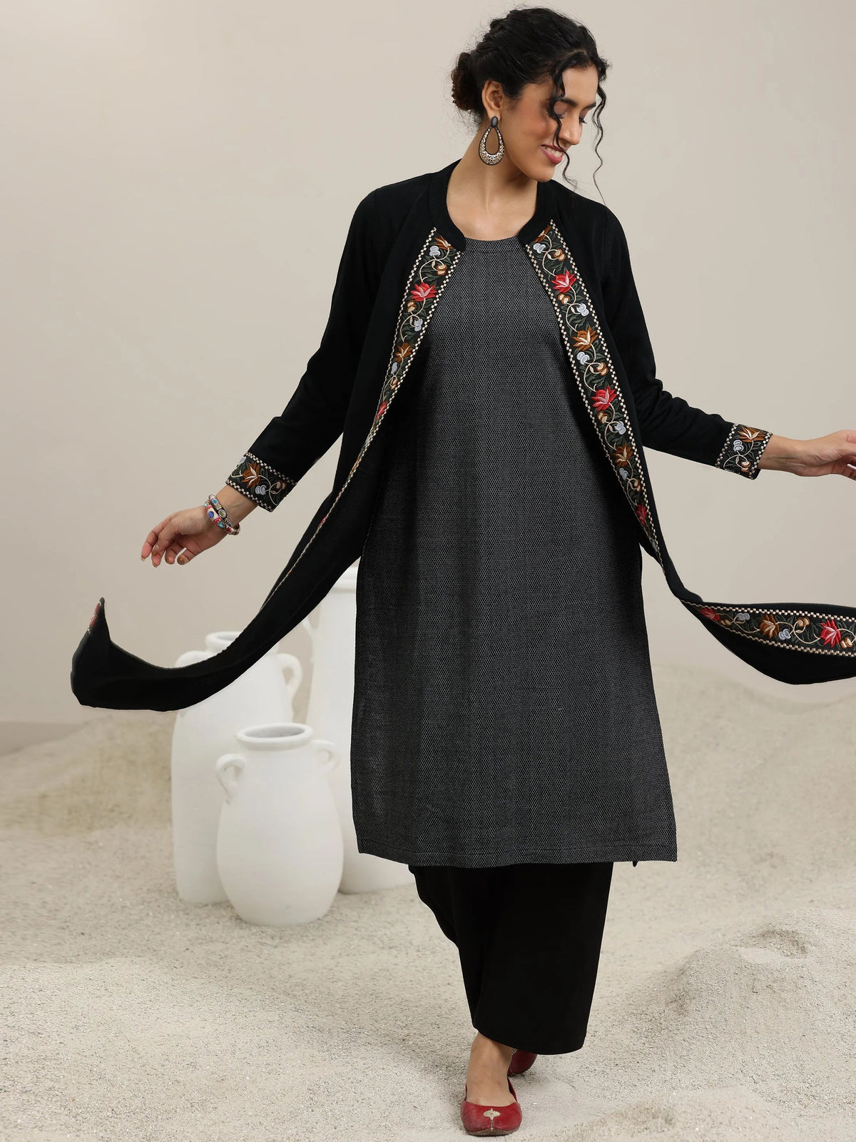 Libas Black Embroidered Wool Straight Kurta